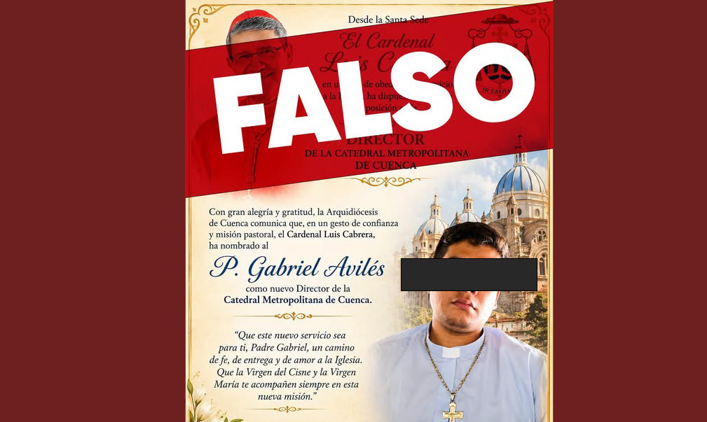 Esta es la imagen que circulaba en redes sociales con el supuesto “nuevo Director de la Catedral de la Inmaculada de Cuenca” y que fue denunciada por la Arquidiócesis como falsa. /Cortesía