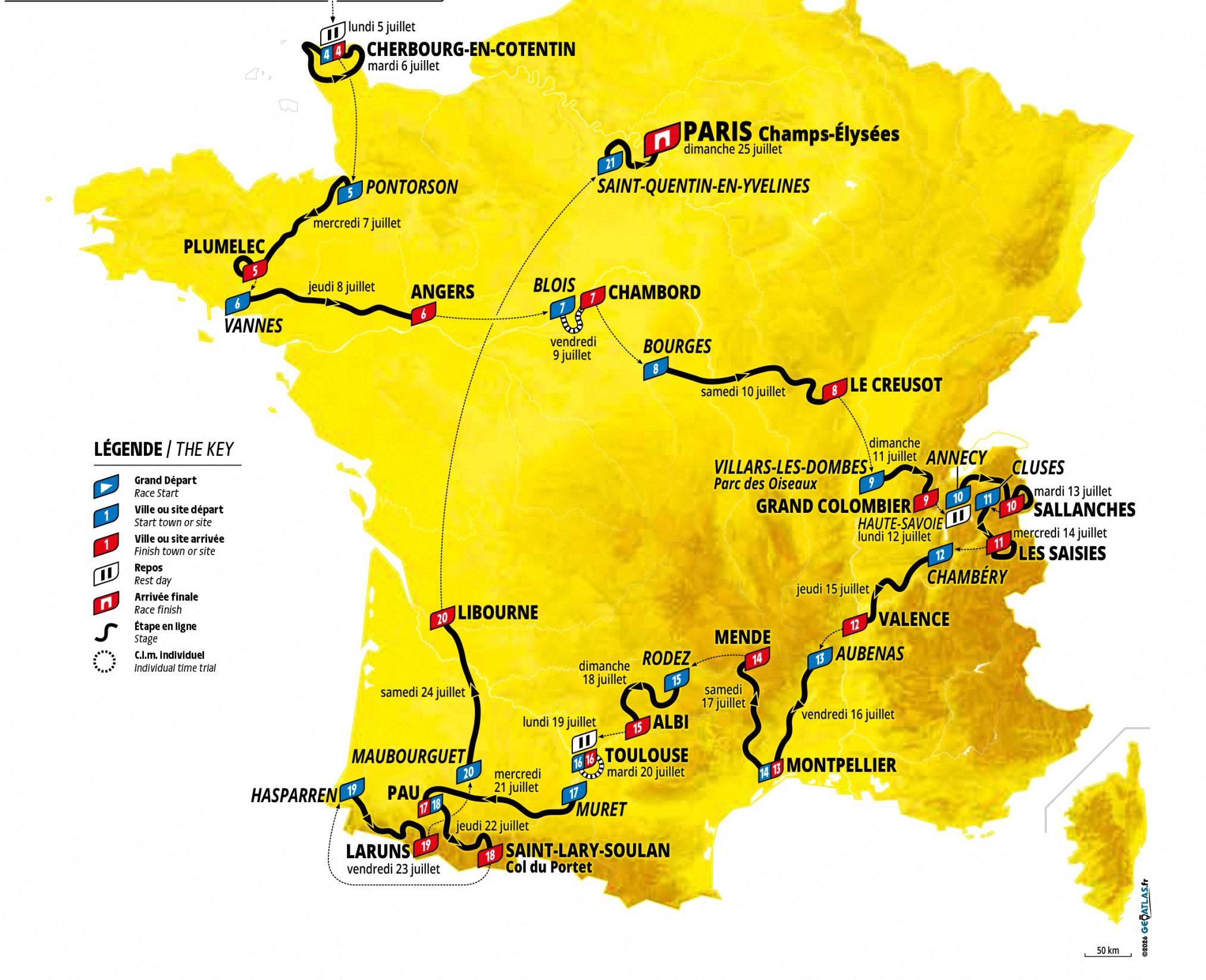 Mapa del recorrido del Tour de Francia 2027. Foto: AFP